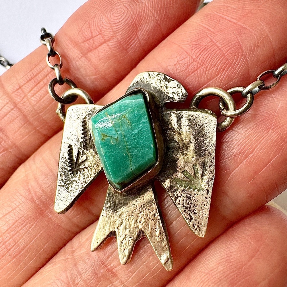 Navajo Thunderbird‎ Bar Necklace Turquoise 18in Sterling Primitive by Candelaria